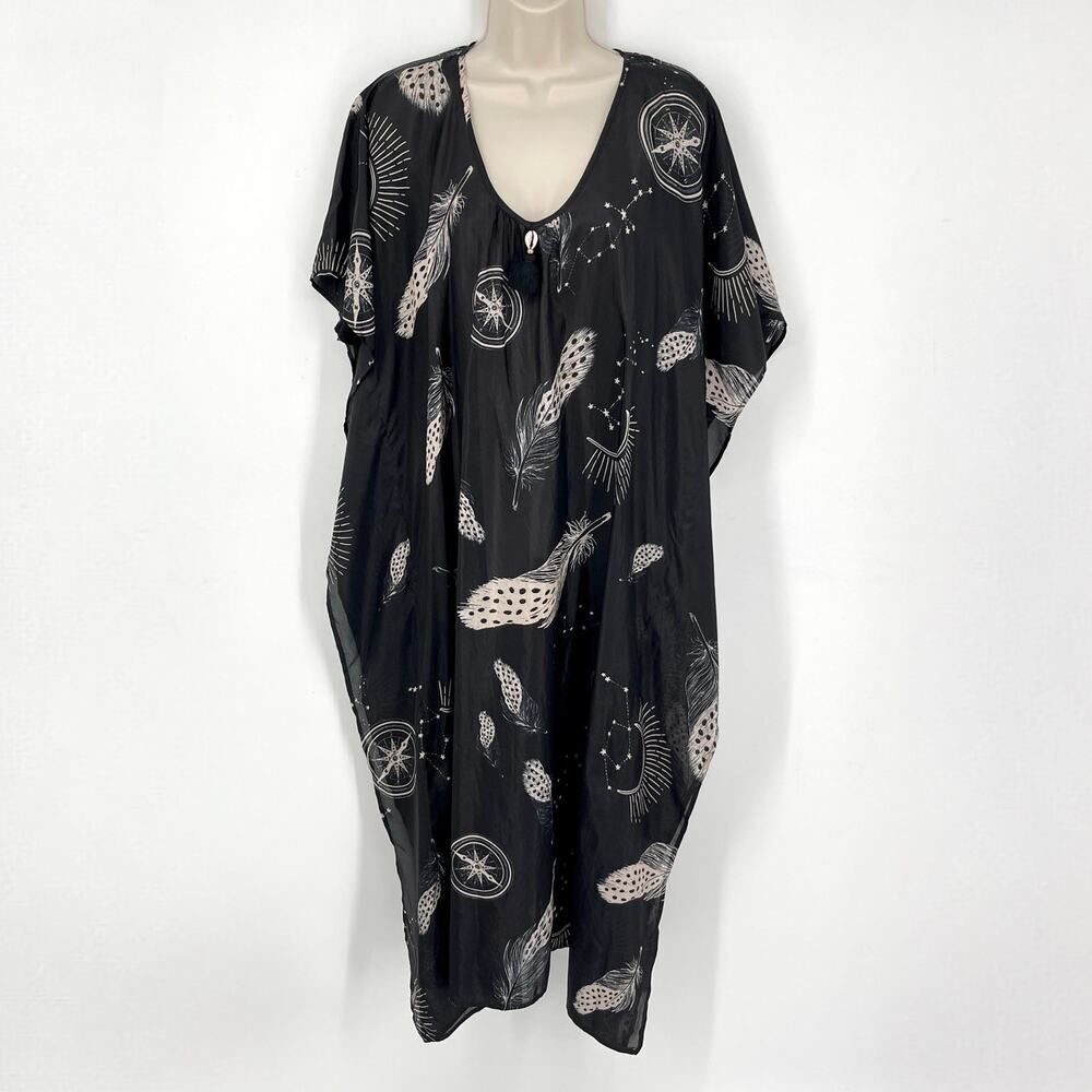 Figue Silk Midi Length Tassel Kaftan Sz L Black Tan Sheer Celestial Swim Coverup